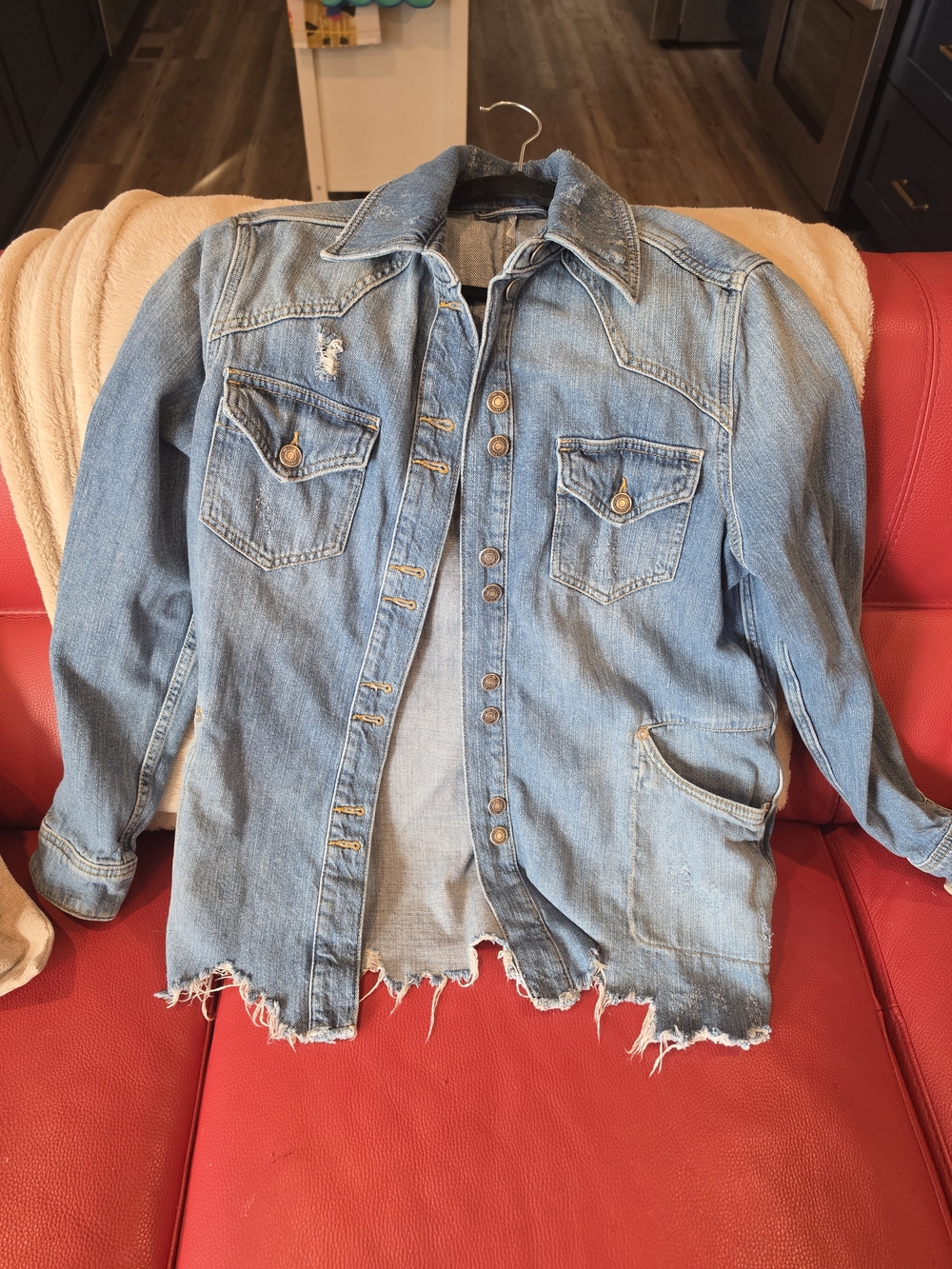 FREE PEOPLE  Distressed Denim Jacket with Snap Buttons